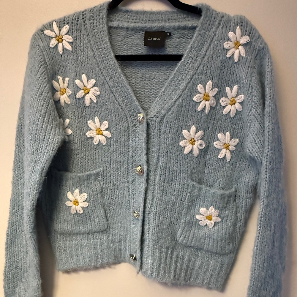 Cliche Blue Floral Knit Cardigan Sweater
